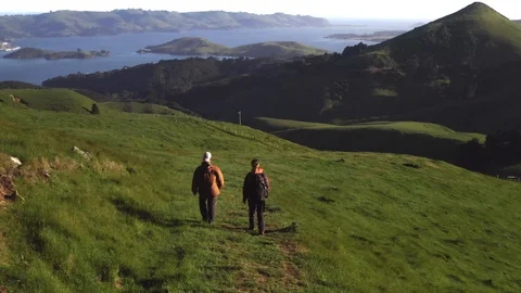 Two persons walking in Otago Peninsula (New Zealand) Stock Footage 129901997