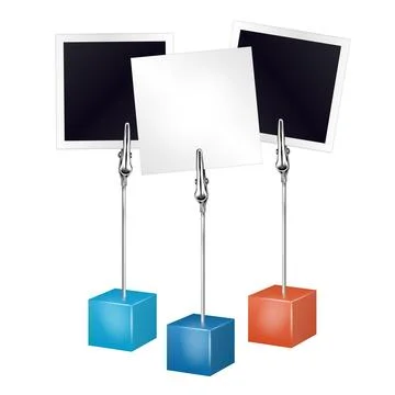 Two photo frames and white note on a metal memo holder clip. Stock Illustration