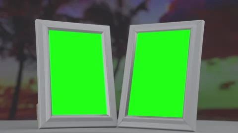 Two photo frames with green chroma key against seacoast Stock Footage 247907981