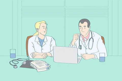 Two physicians analysis and  consulting how to prevent disease, doctor take e Stock Illustration