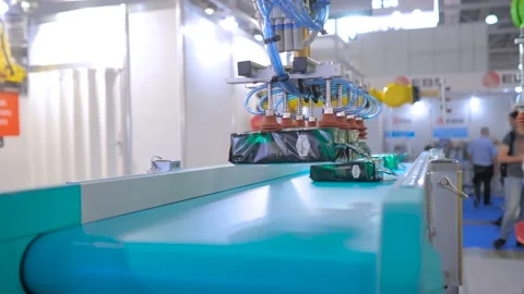 Two pick and place robotic arm manipulators moving grains packages at exhibition Vidéo 144701112