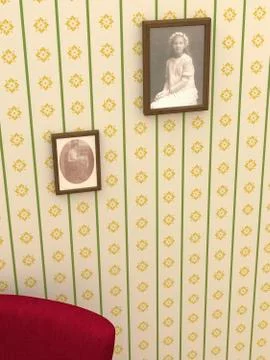 Two picture frames with old photographies hanging on yellow patterned wallpaper 스톡 일러스트
