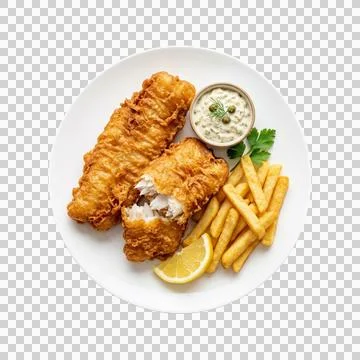 Two pieces of battered fish, chips, tartar sauce, lemon, and parsley garnish. Stock Photos