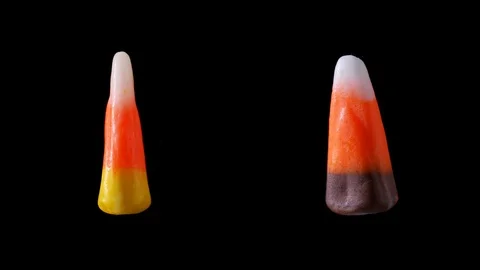 Two pieces of candy corn one brown one yellow are seen slowly spinning. Stock Footage 116399696