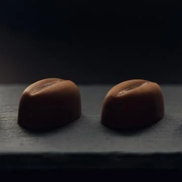 Two pieces of Coffee bean shape Chocolate on black stone plate Stock Photos