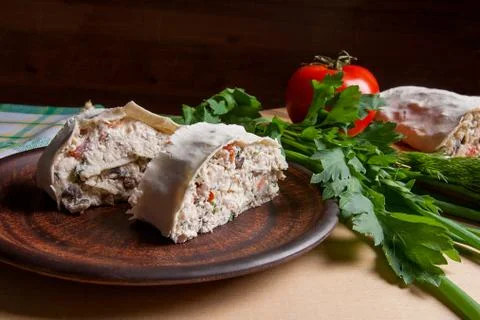 Two pieces of pita bread or lavash roll with cottage cheese or curd, chicke.. Stock Photos