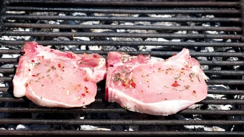 Two pieces of raw pork meat put on a charcoal grill Stock Footage 155390153