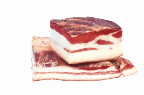 Two pieces of smoked pork lard isolated on white Stock Photos