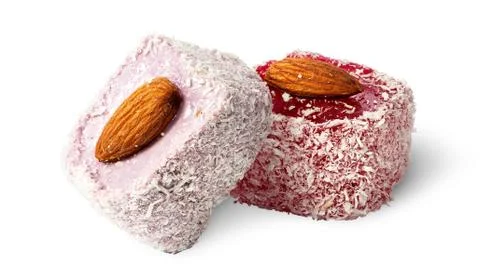 Two pieces of Turkish Delight with almonds Stock Photos