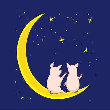 Two piggies on the moon Stock Illustration