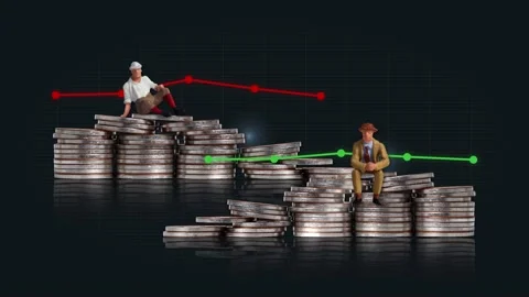 Two pile of coins and two miniature people with two line graphs. Stock-Footage 232640087