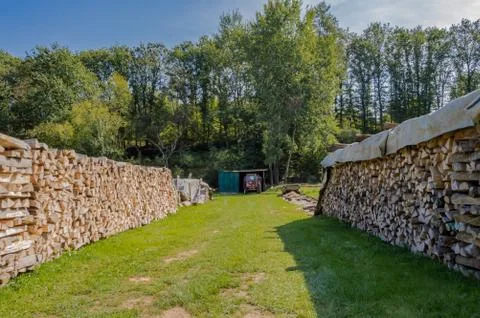 Two piles of logs stacked for drying Stock Photos
