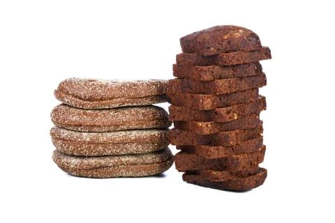 Two piles of slices  black bread isolated on a white background Stock Photos