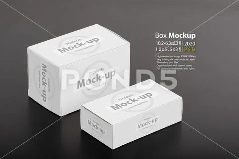 Two pillbox packages on black table mock-up series Modello PSD