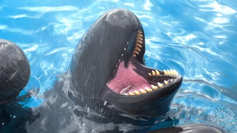Two pilot whales are visible above water in an aquarium, one with its mouth open 库存影片 256019054