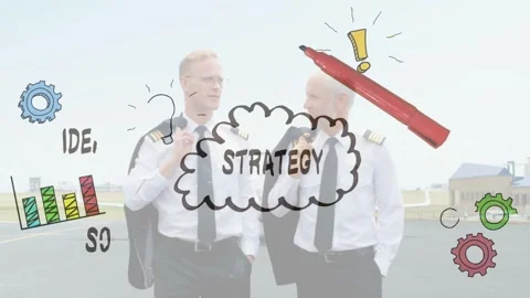 Two pilots talking while hand with red pen drawing STRATEGY cloud over them Stock Footage 331176322