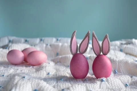 Two pink Easter eggs with bunny ears close-up on a white knitted plaid and blue Stock Photos