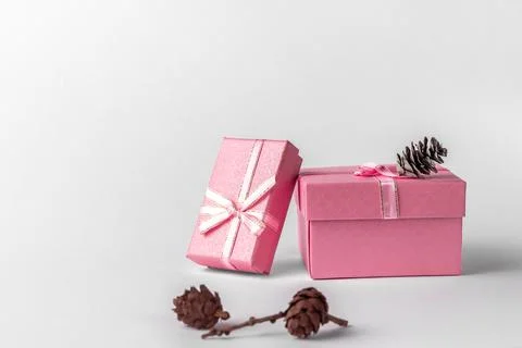 Two pink gift boxes with ribbon, bow and cones isolated on a white or light g Stock Photos