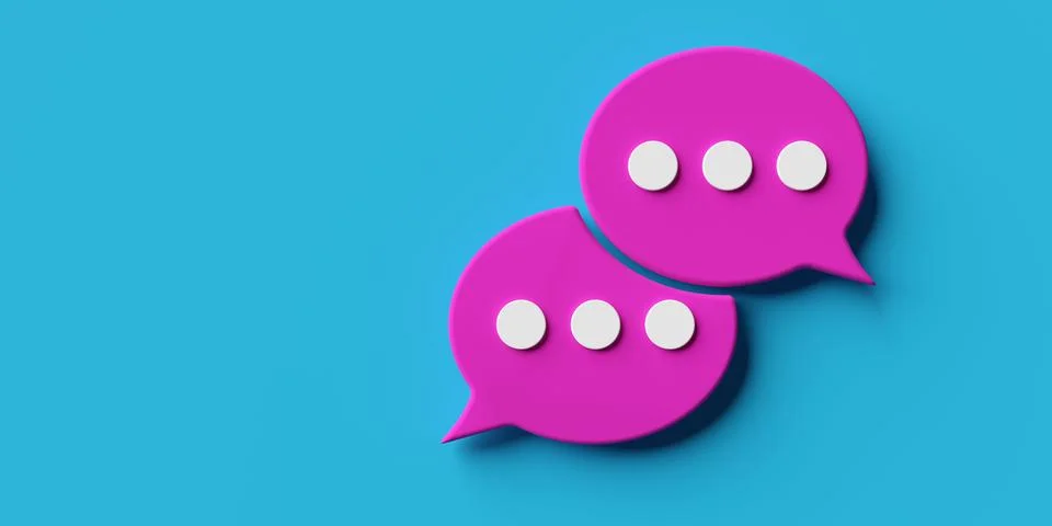 Two pink overlapping chat or messaging speech bubbles on cyan background fl.. Stock Illustration