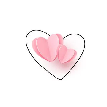 Two pink realistic paper cut hearts on heart outline line, isolated on white Stock Illustration