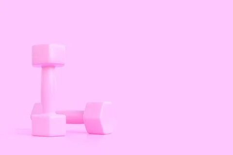Two pink rubber or plastic coated fitness dumbbells on pink background Stock Illustration