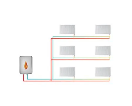 Two-pipe horizontal heating system. The lower connection of steel panel radia Stock Illustration