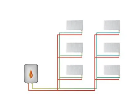 Two-pipe vertical heating system. The lower connection of steel panel radiato Stock Illustration
