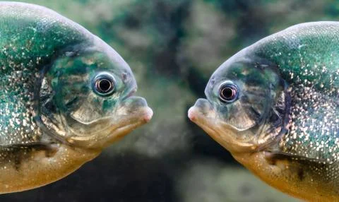 Two piranhas are next to each other in the water close up Stock Photos