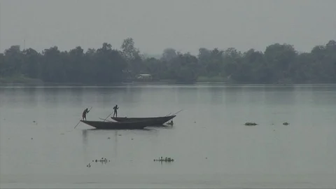 Two pirogues on Wouri river Stock Footage 80840504