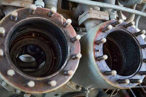 Two piston cylinder chambers of four piston reciprocating faded old fashion.. Stock Photos