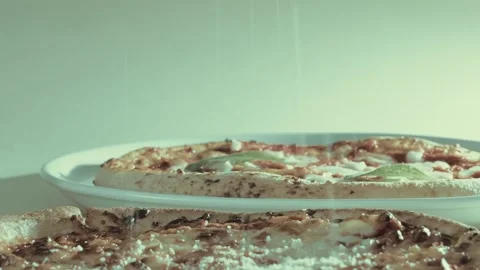  Two Pizza on a plate. A Video of two pizzas on a plate  Stock Footage 296332185