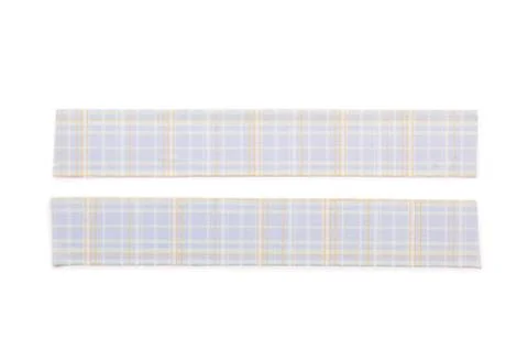 Two plaid fabric strips with light purple and yellow pattern, textile design  Stock Photos