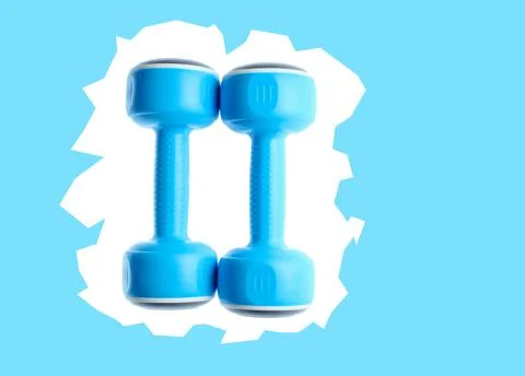 Two plastic blue dumbbells on creative background.Pop art, zine style. Sports 写真素材