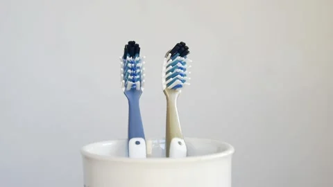 Two plastic toothbrushes in toothbrush cup Video stock 144663021