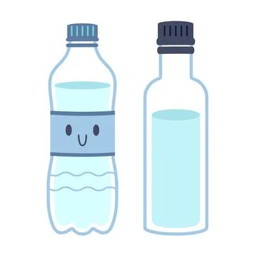 Two plastic water bottles in flat style, one with a cute face. Hydration co.. Illustrazione stock