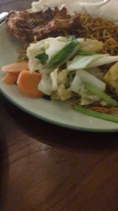 Two plates of authentic Indonesian Mie Goreng noodles with spring rolls Stockbeeldmateriaal 332404177