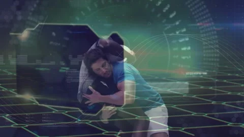 Two players drilling left reaching ball causing clinch right driving takedown Video stock 330958975