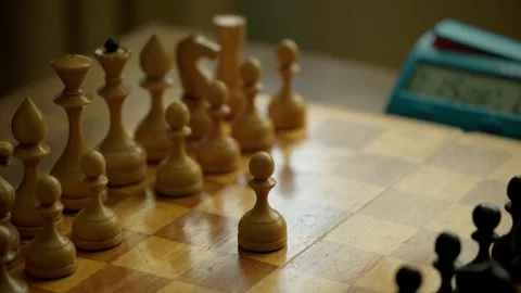 Two Players Making Opening Chess Moves Pressing Clock Slow Motion Close Up Stockbeeldmateriaal 346302758