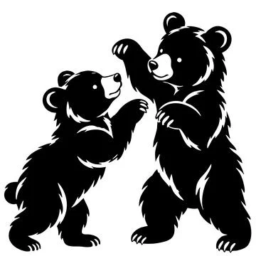 Two Playful Bears Standing Together Black Silhouette Stock Illustration
