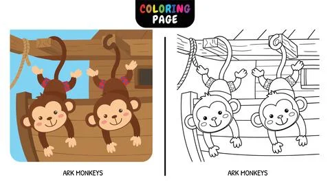 Two playful cartoon monkeys hanging from a ship deck. One is colored, the oth Stock Illustration