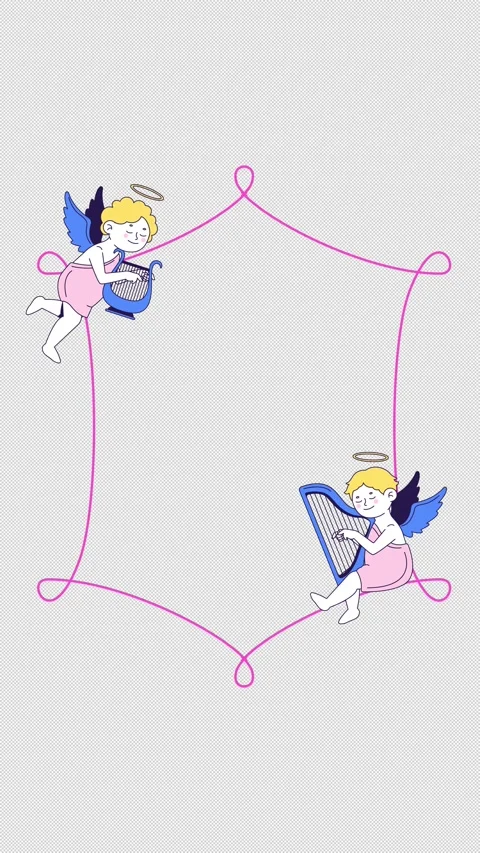 Two playful cupids playing harps squiggle animated retro frame overlay Stock Footage 339422962