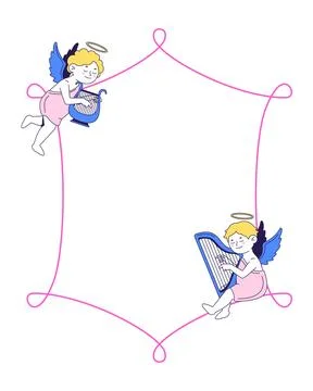Two playful cupids playing harps squiggle colorful retro decorative frame Stock Illustration