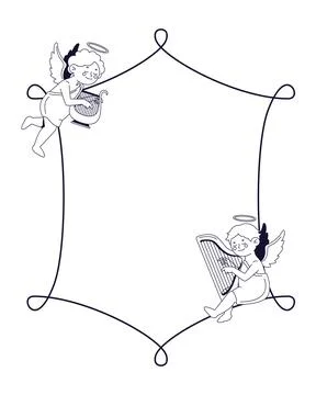 Two playful cupids playing harps squiggle black and white retro frame Stock Illustration