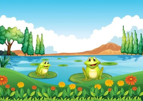 Two playful frogs at the pond Illustrazione stock