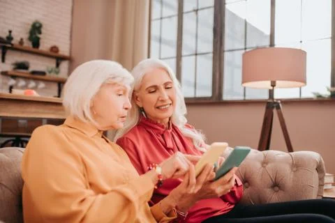 Two pleasant-looking elderly grey-haired women discussing photos online Stock Photos