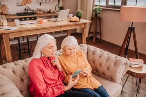 Two pleasant-looking elderly grey-haired women looking interested Stock Photos