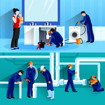 Two Plumber Horizontal Compositions Stock Illustration