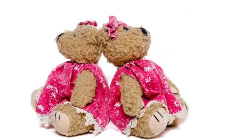 Two plush teddy bears dressed in pink floral dresses sit back to back Stock Photos