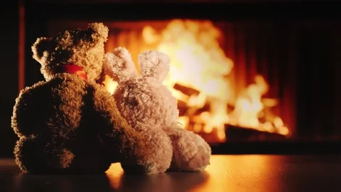 Two plush toys teddy bear and rabbit sitting together before warm fireplace.. Stock Footage 334519962