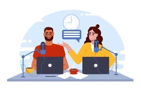 Two podcasters talking in studio setup. Vector illustration Stock Illustration